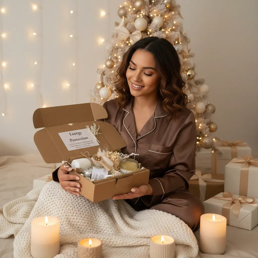 Woman in pajamas holding a gift box with candles and a Christmas tree in the background. Positive affirmation gifts, Christmas gift box and Spa gift set
