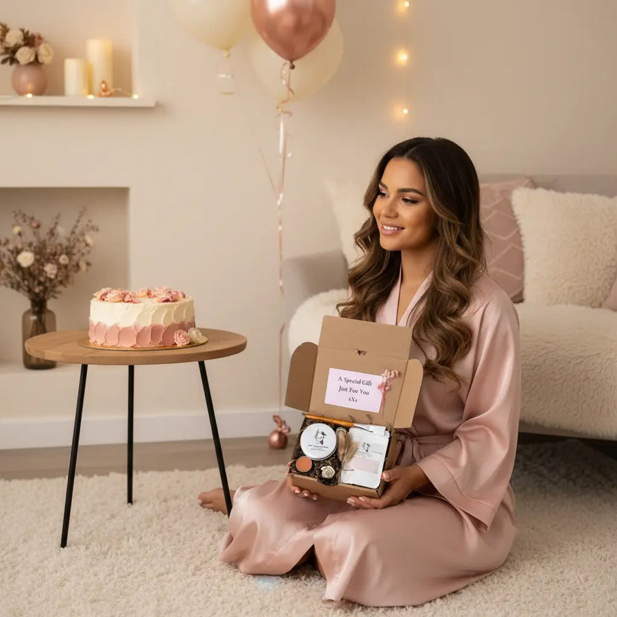 Natural pamper gift set with bath salts, pink rose clay mask, and handmade luxury skincare items