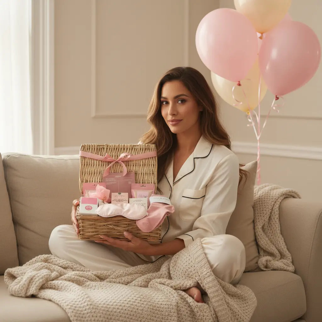 Woman holding a gift basket with pink balloons in a cozy living room. big Hamper Basket, Christmas pamper hamper, gift thoughtful