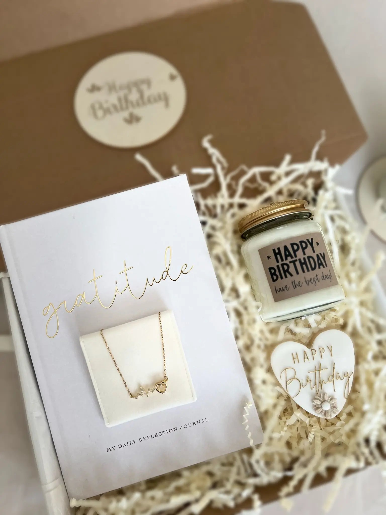 Birthday Gratitude - Ready Made Box Happy Birthday gift box which includes gratitude book, happy birthday candle, necklace and biscuit