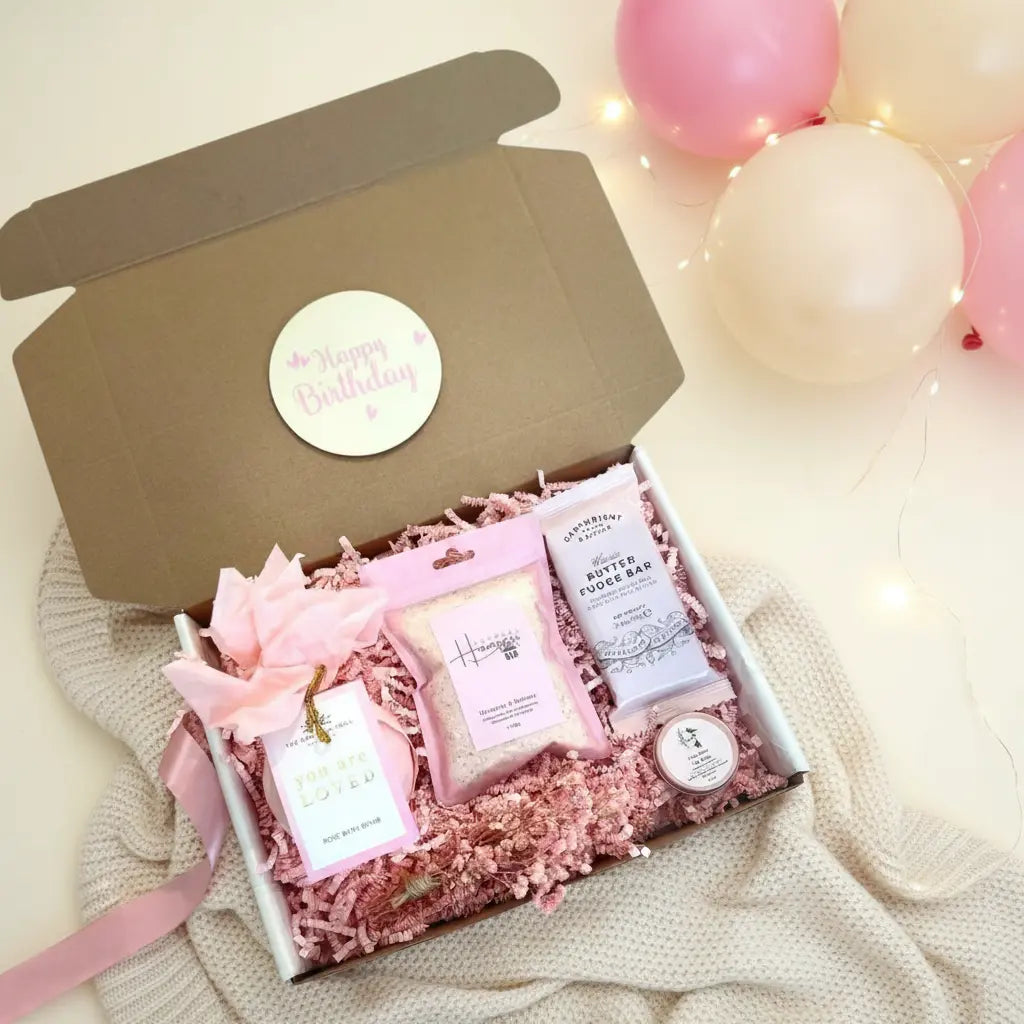 Birthday hamper with Best Birthday Box theme including spa-inspired treats and relaxation items