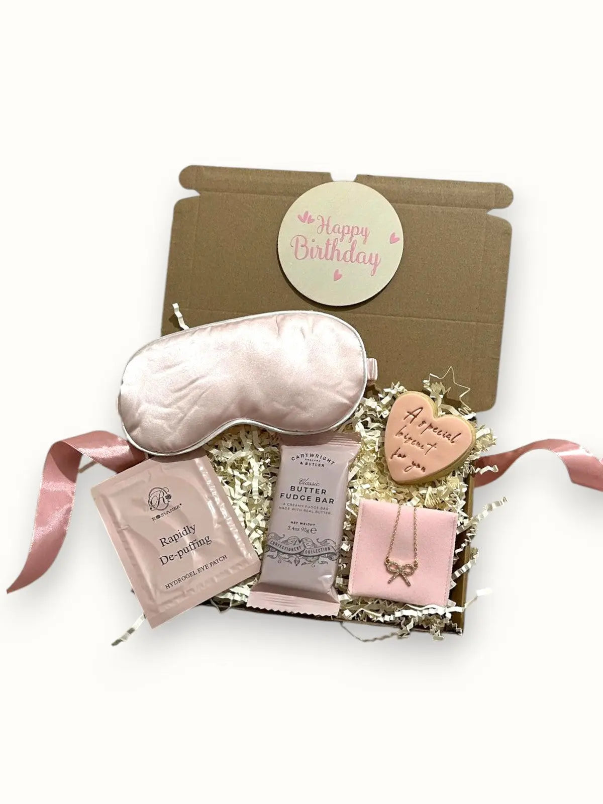 Personalised pamper gift box with Cookies, butter fudge bar and de-puffing under eye mask 