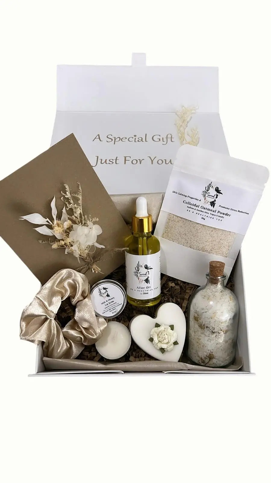 Botanical Vegan friendly gift box with love heart soap colloidal oats bath soak hair tie bath salts oil and lip balm