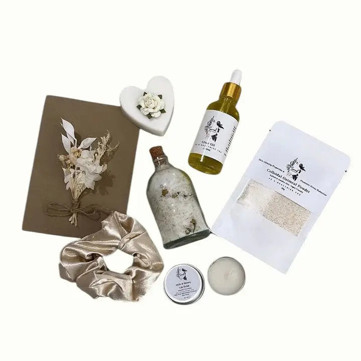 Vegan friendly botanical gift box Love heart soap colloidal oats bath soak hair tie bath salts oil and lip balm