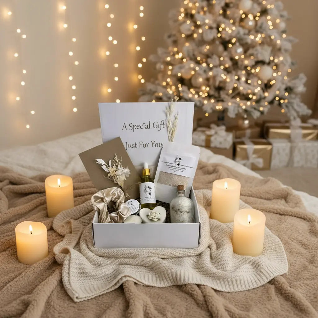 Gift box with botanical Vegan friendly gift box treats oil bath salts soap lip balm tea light candle hair tie