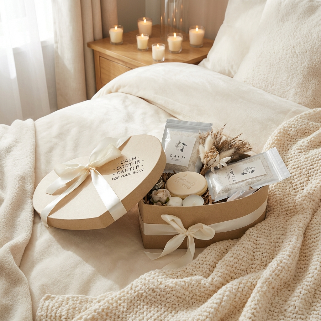 Heart-shaped gift box with bath items on a bed with tealight candle