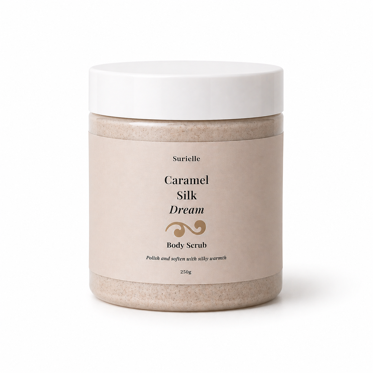 Caramel silk dream body scrub Surielle UK for self care gift box, perfect for pamper hampers