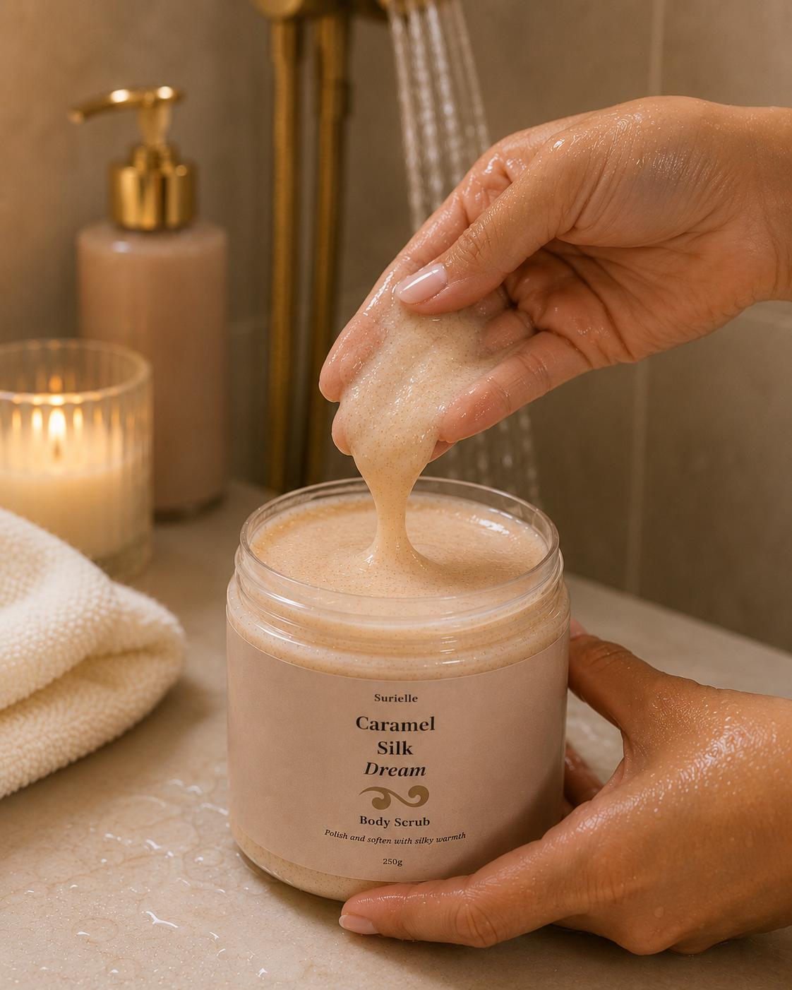 Exfoliating body scrub UK with caramel scent for glowing skin and self care routines