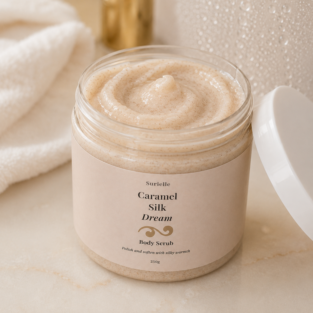 Caramel silk dream body scrub by Surielle UK for soft, smooth skin