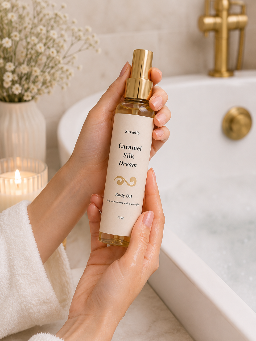 Luxury caramel scented body oil designed to nourish and moisturise skin