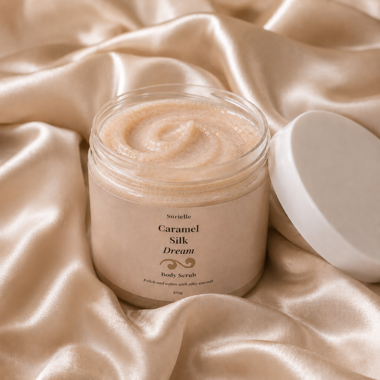 Luxury caramel body scrub Surielle UK for exfoliating and nourishing skin