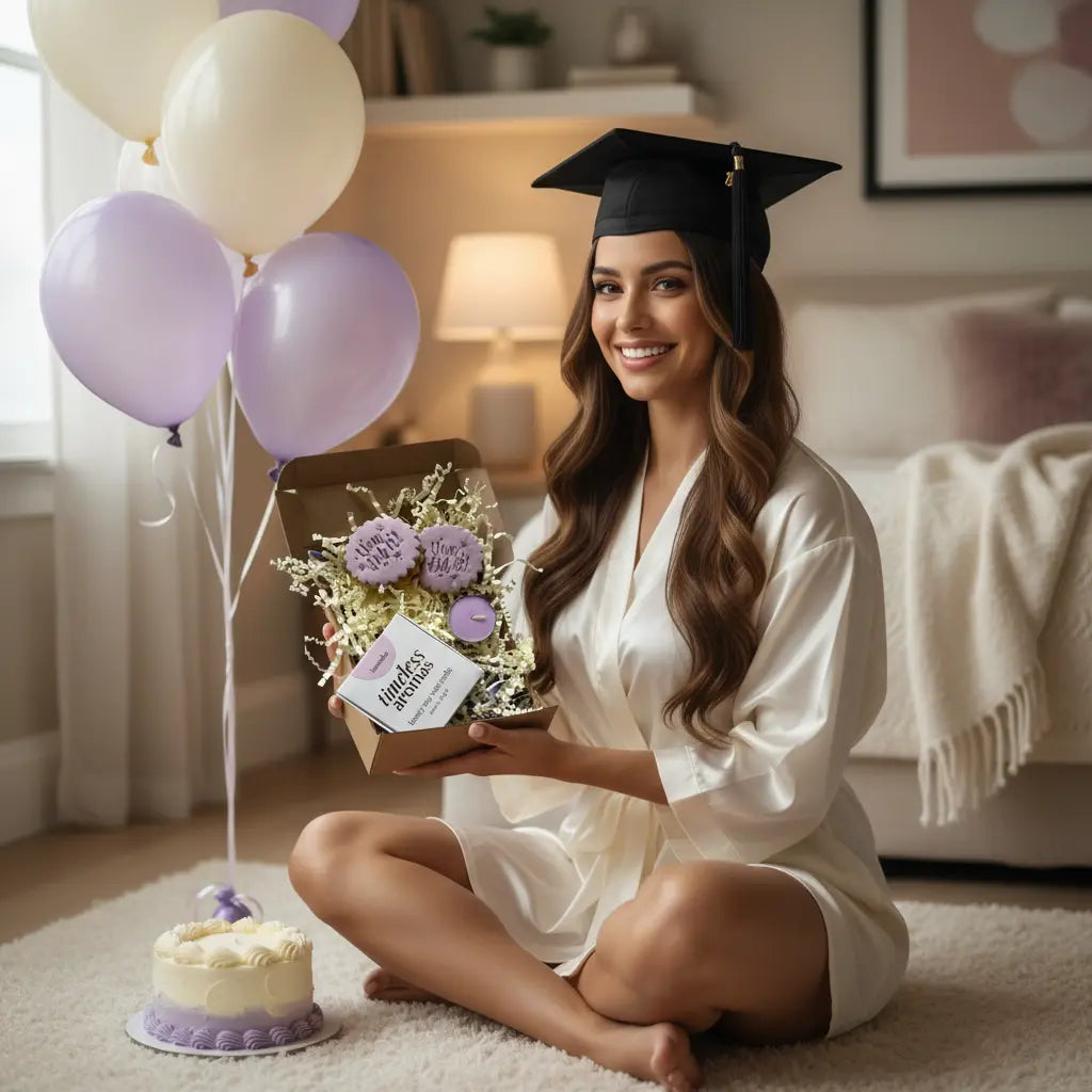 Graduate in cap and gown holding a gift box with flowers, surrounded by balloons and a cake on a carpeted floor.