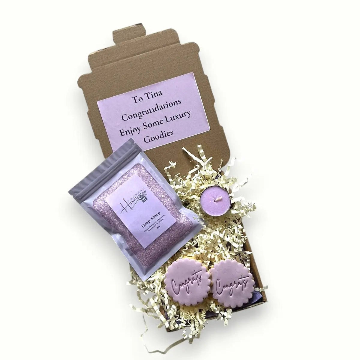 Congratulations gift box with bath salts, biscuits and tealight candle - Surreal Hampers UK