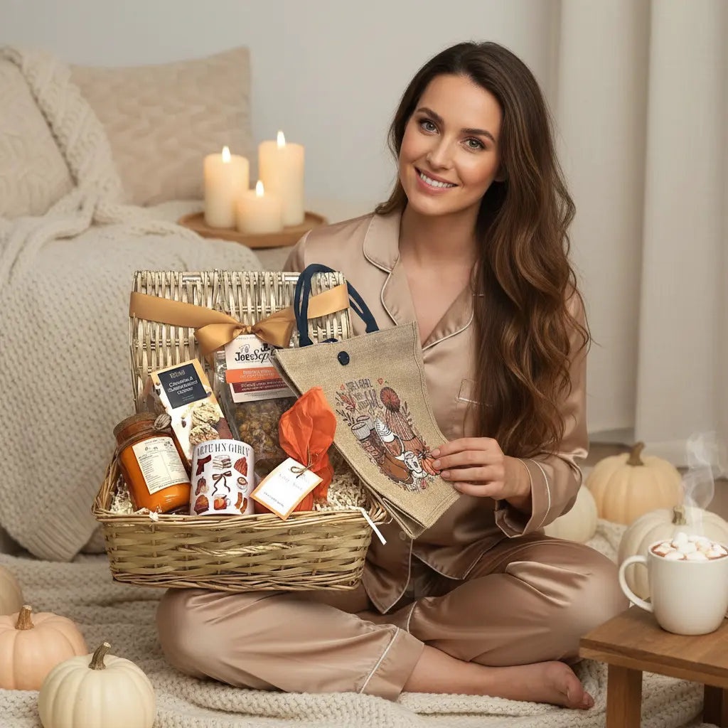 cosy Christmas gift, pamper hamper gift basket with candles and pumpkins in the background