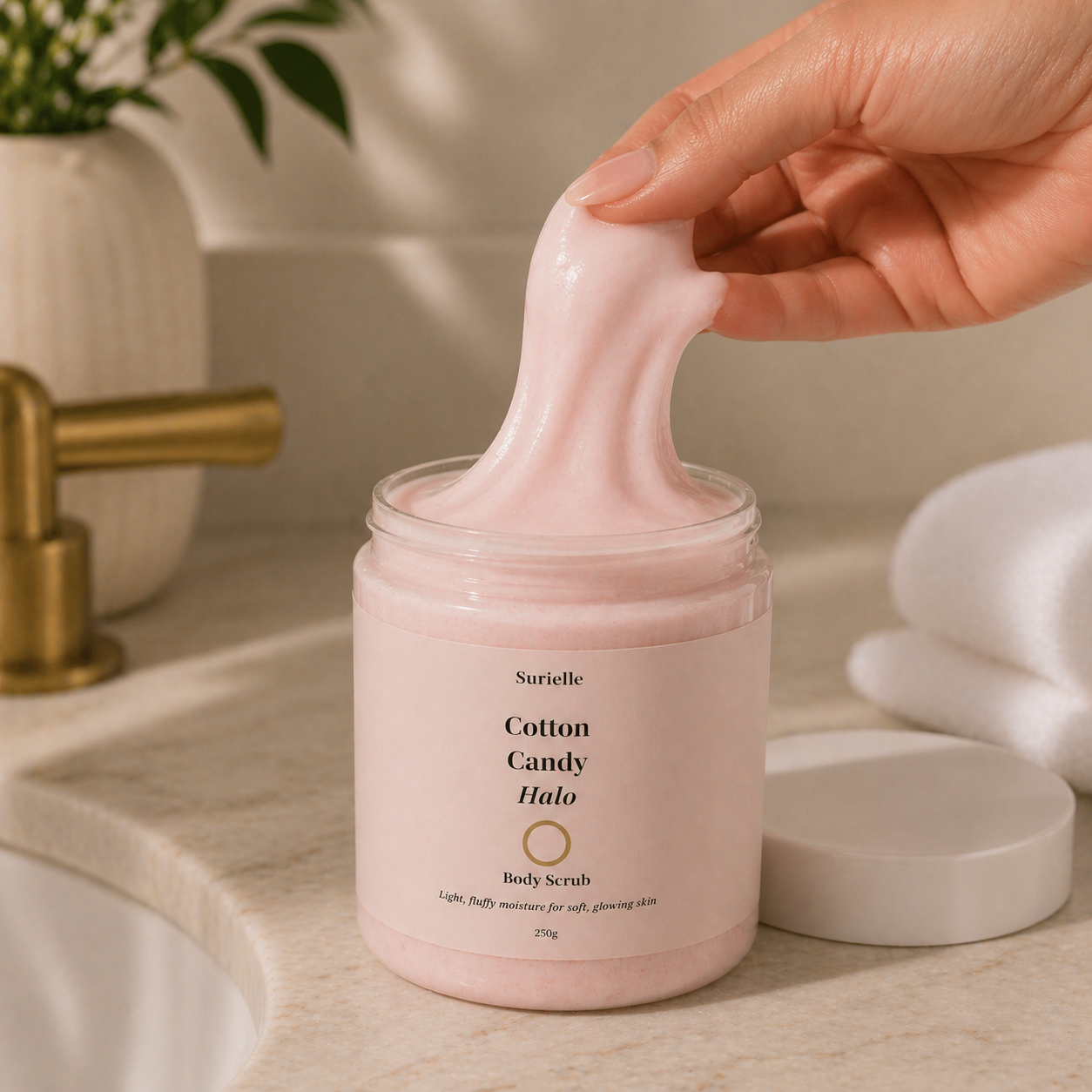 Exfoliating body scrub UK with sweet cotton candy scent for soft skin and self care routines