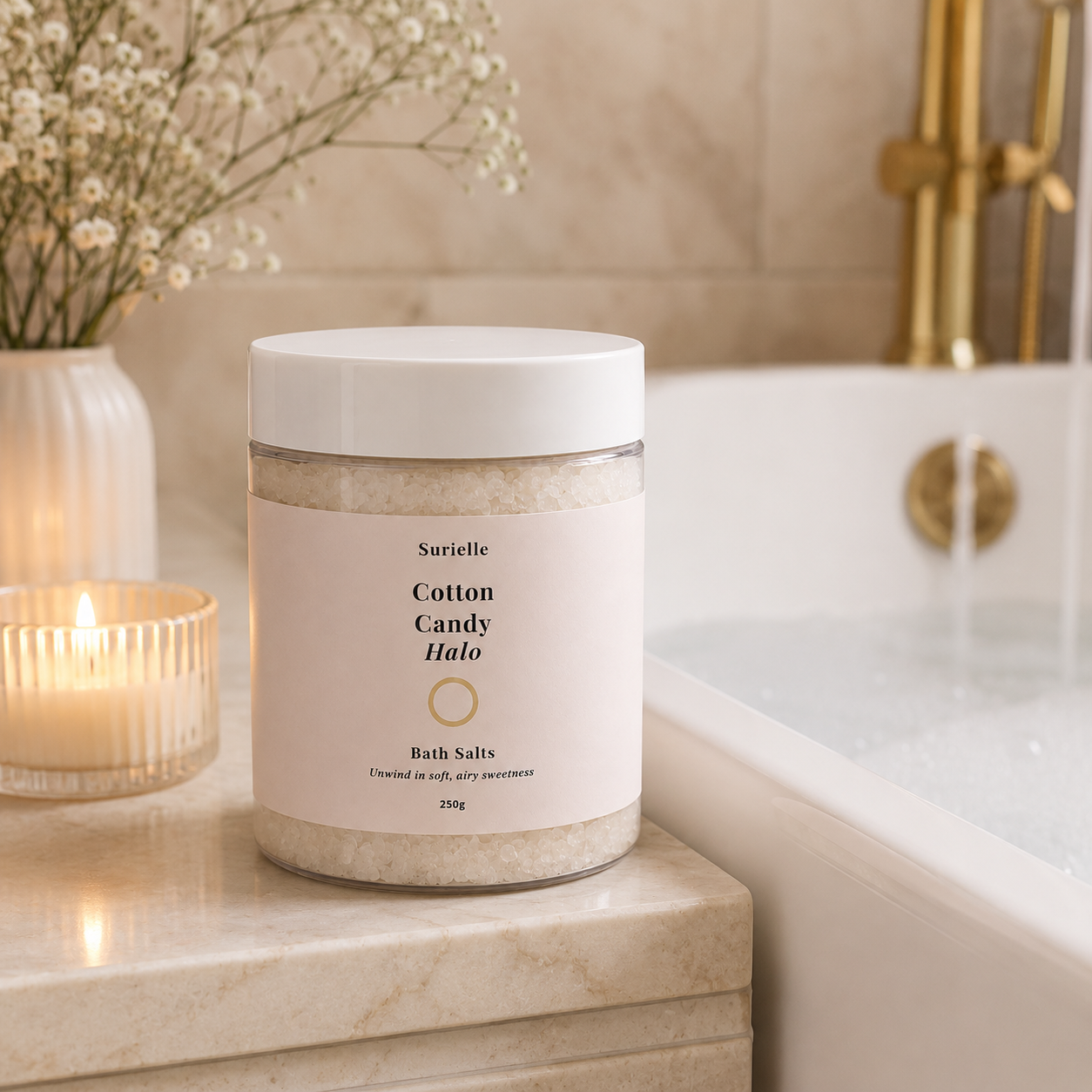 Jar of bath salts labeled 'Cotton Candy Halo' on a bathroom counter with a candle and flowers.