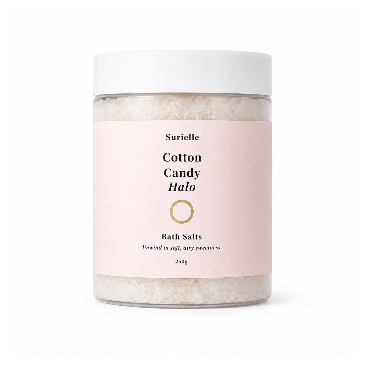 Jar of bath salts labeled 'Cotton Candy Halo' by Surielle on a white background