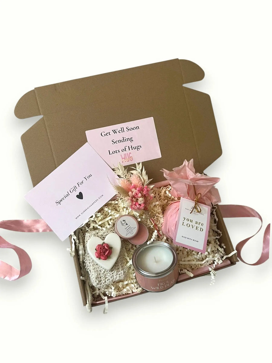 Gift box with rose lip balm, bath bomb, love heart soap and candle