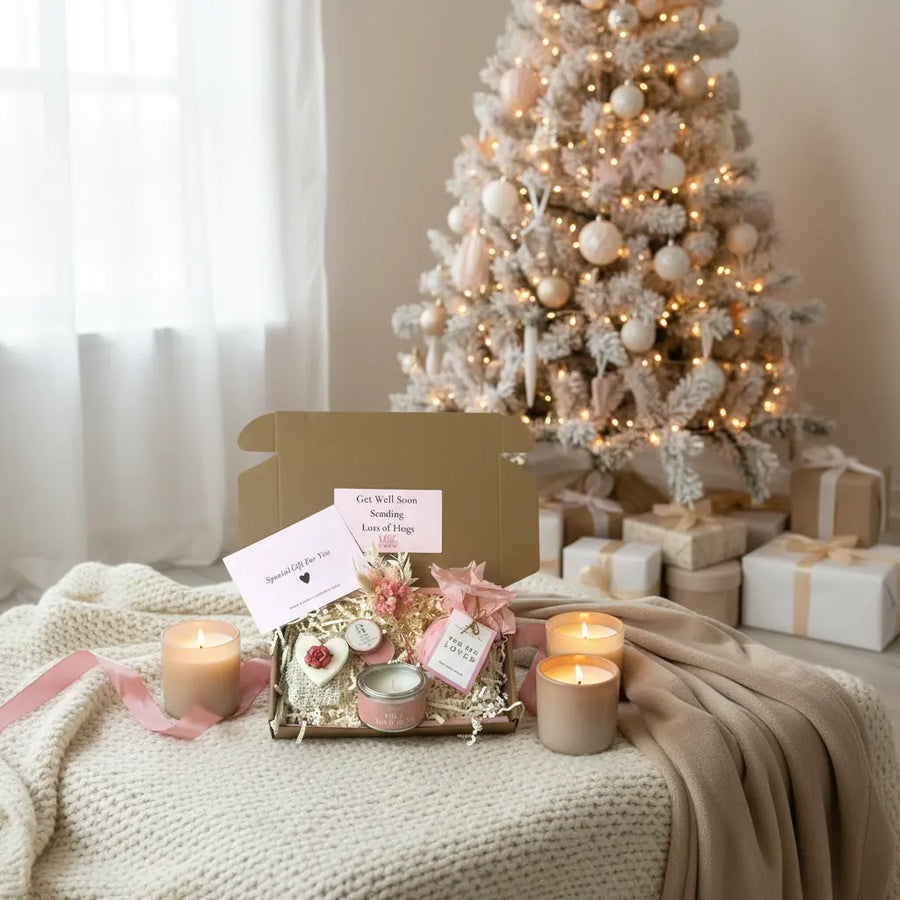 Decorative setup with candles, a card, and a small gift on a blanket in front of a Christmas tree.