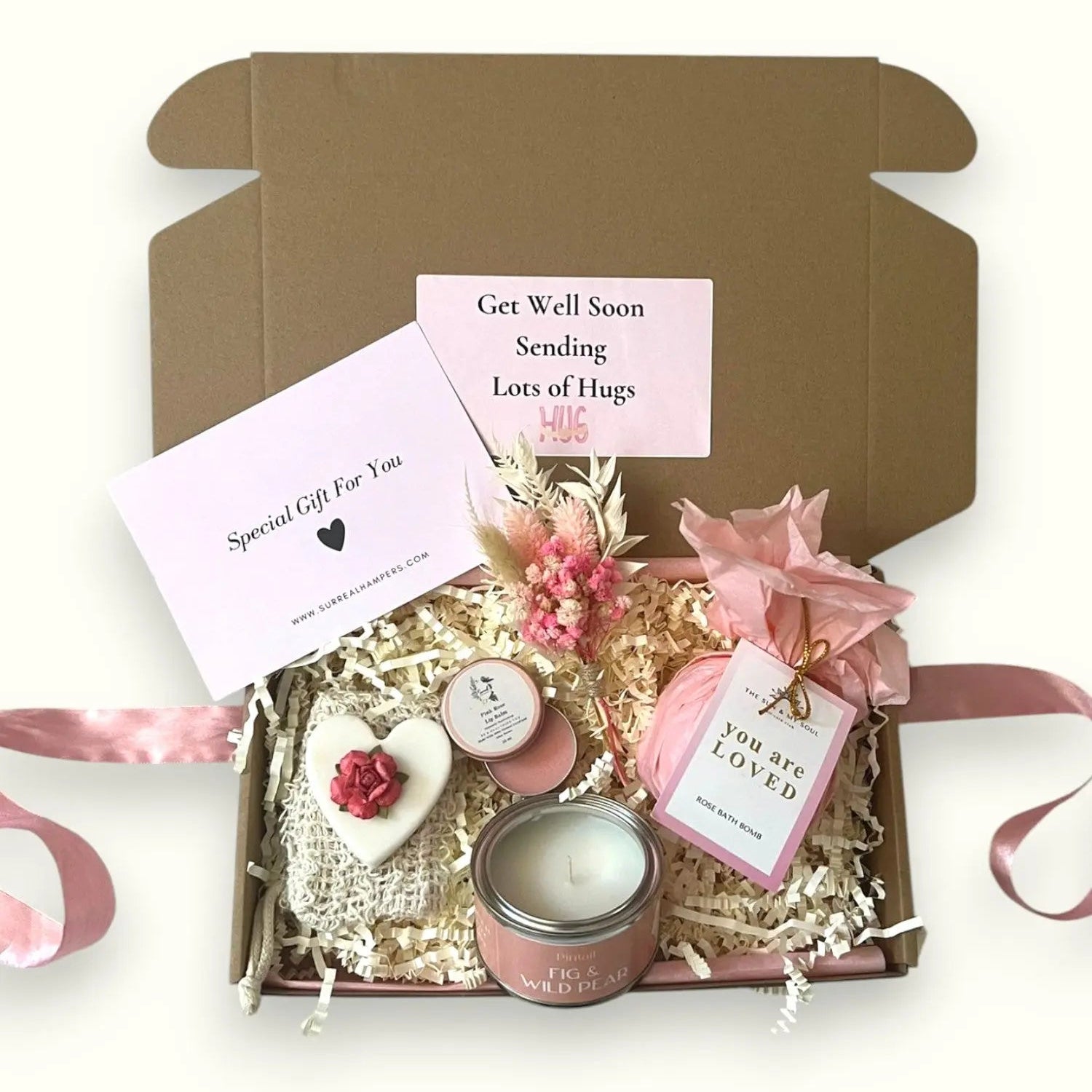 Gift box with rose lip balm, bath bomb, love heart soap and candle