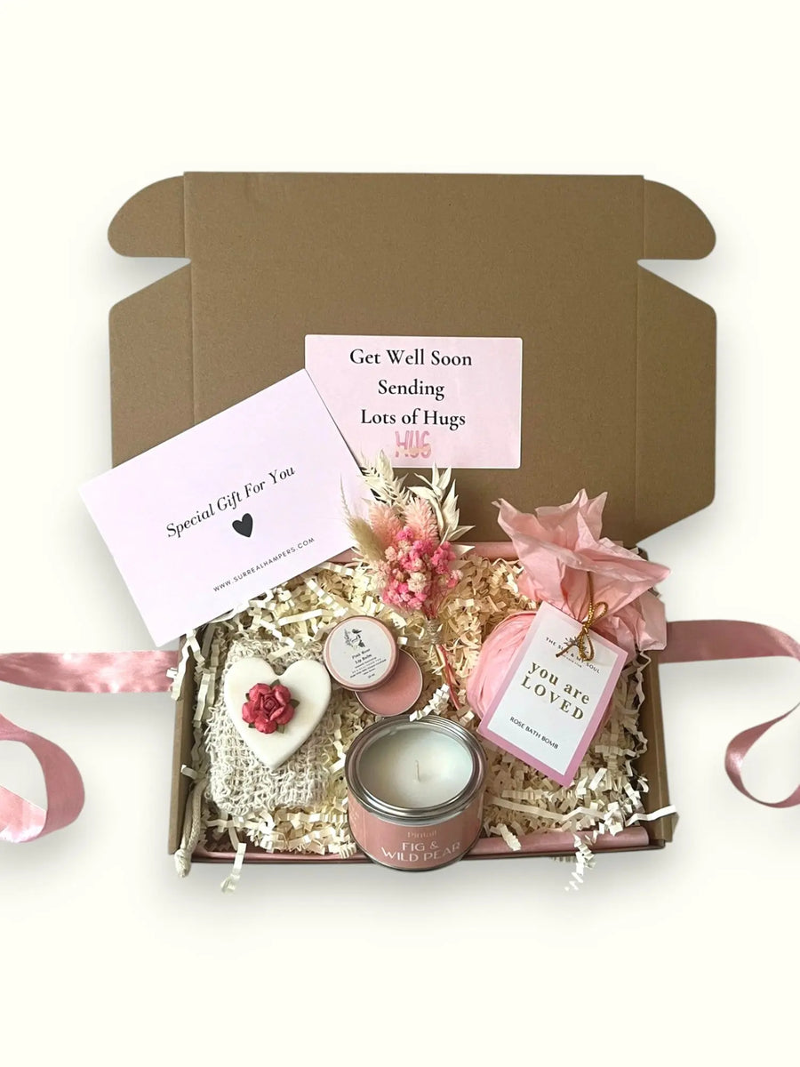 Gift box with rose lip balm, bath bomb, love heart soap and candle