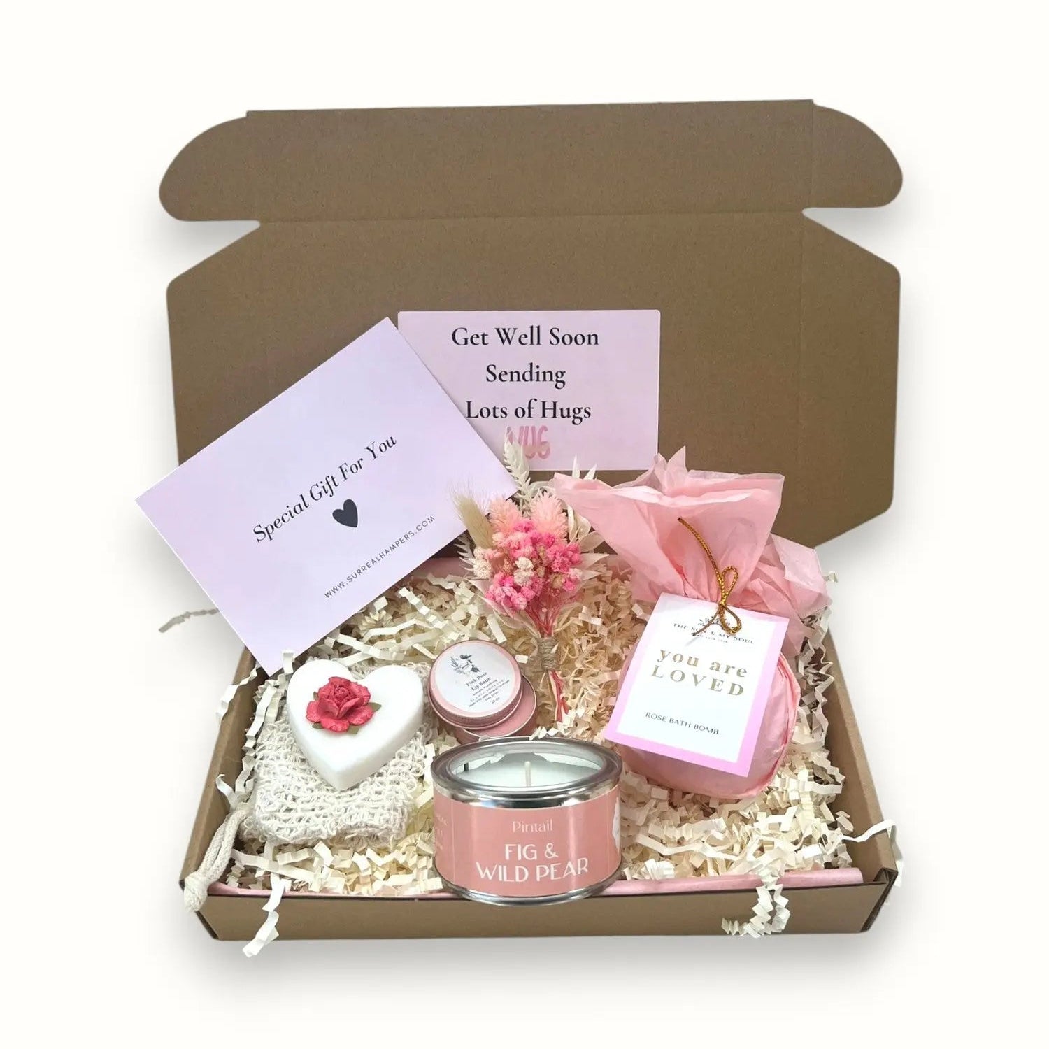 Gift box with rose lip balm, bath bomb, love heart soap and candle