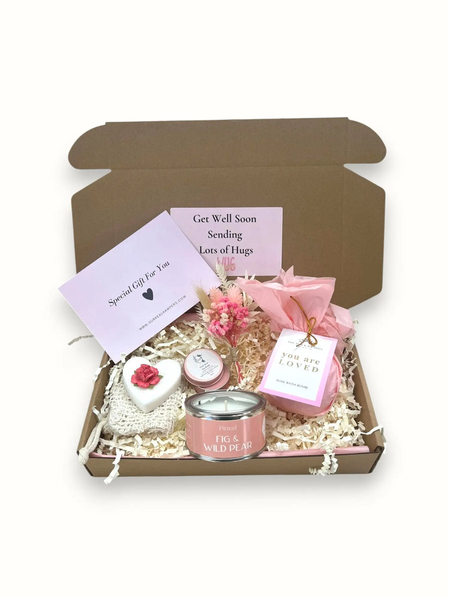 Gift box with rose lip balm, bath bomb, love heart soap and candle