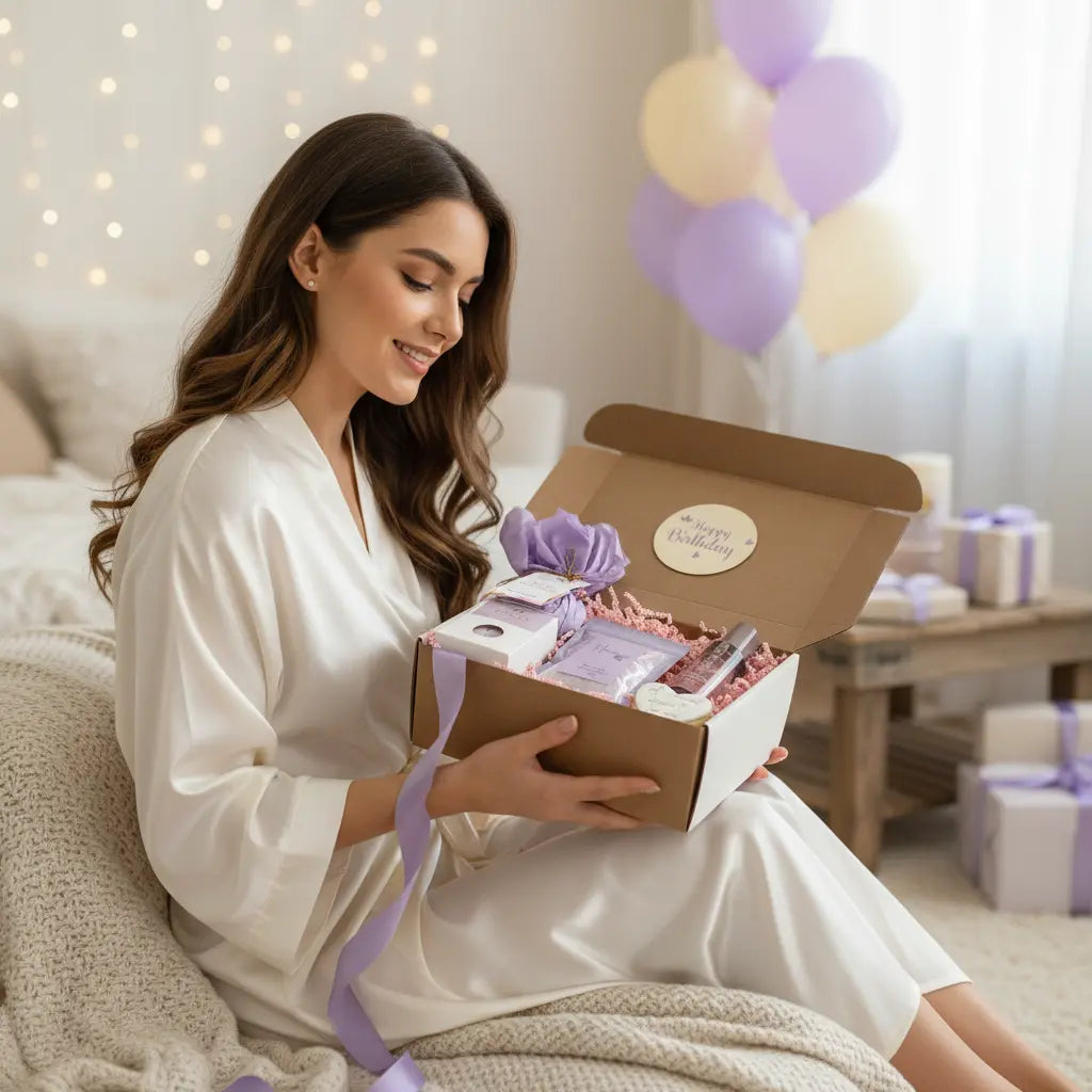 Woman in a white robe opening a gift box A gift box with bath salts hair oil biscuit and bath bomb 'Happy Birthday' Surreal Hampers UK with balloons in the background