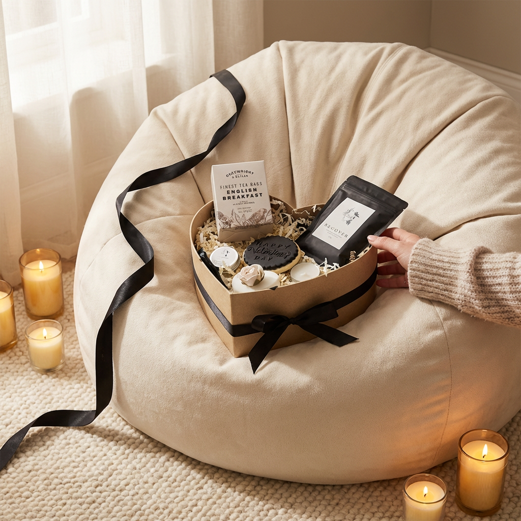 Heart-shaped gift box with candles and a book on a bean bag chair.