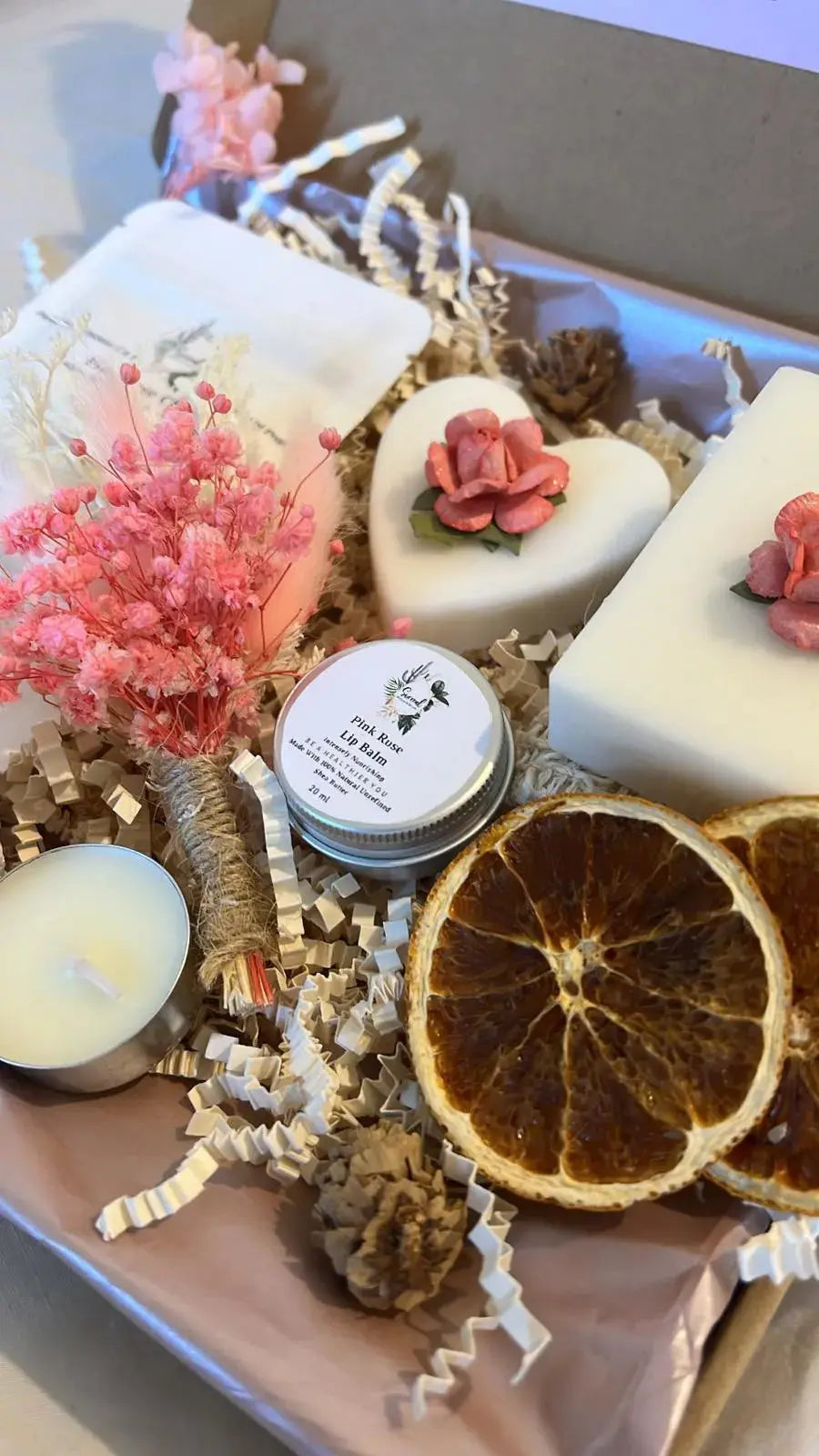 Handmade personalised natural skincare gift box for her with pink rose clay mask and soap Surreal Hampers UK