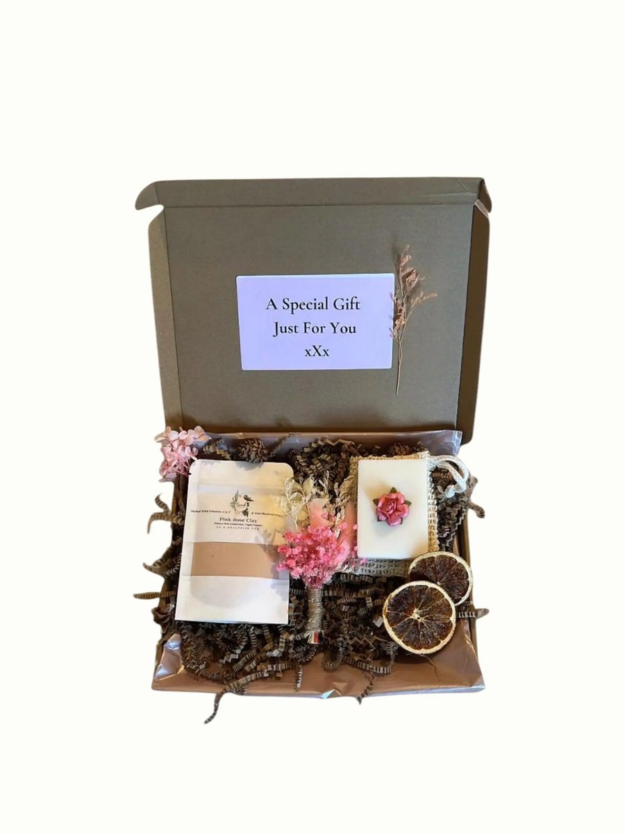 Gift box with decorative elements and a card inside on a white background Hugs  for you, thing of you gifts, secret santa gifts for her