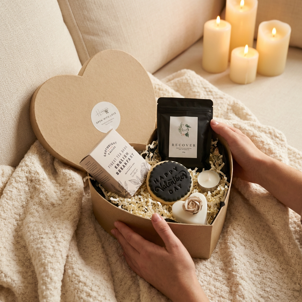 Heart-shaped gift box with products on a soft surface with candles in the background