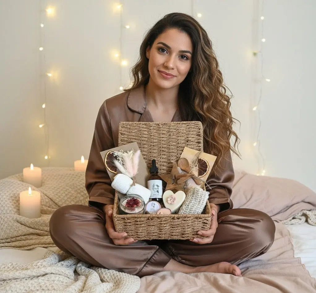 Woman holding a gift basket with candles and other items on a bed with string lights in the background