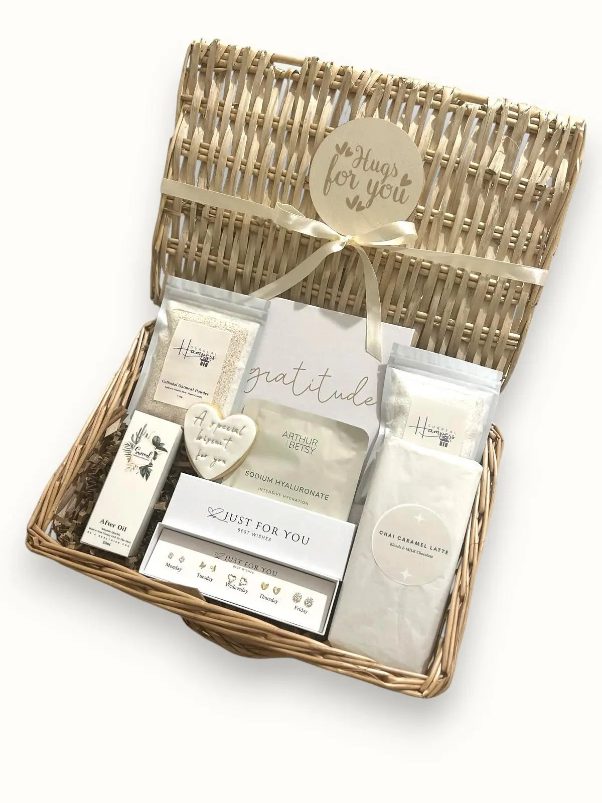 Pamper gift basket for women with Large Hugs For You theme including bath and body products