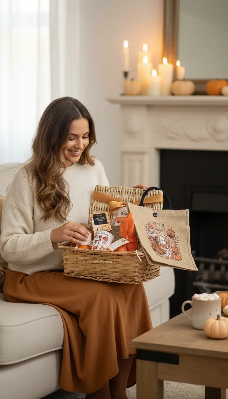 Cosy Christmas Gifts, Pamper Hamper, Pumpkin spice gift basket of treats in a cozy living room.