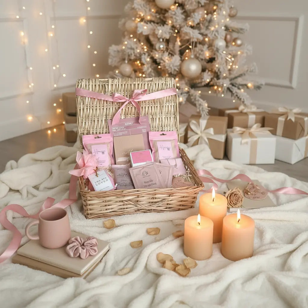 Christmas hamper gift basket with festive treats, chocolates, cookies, and luxury pamper items for women