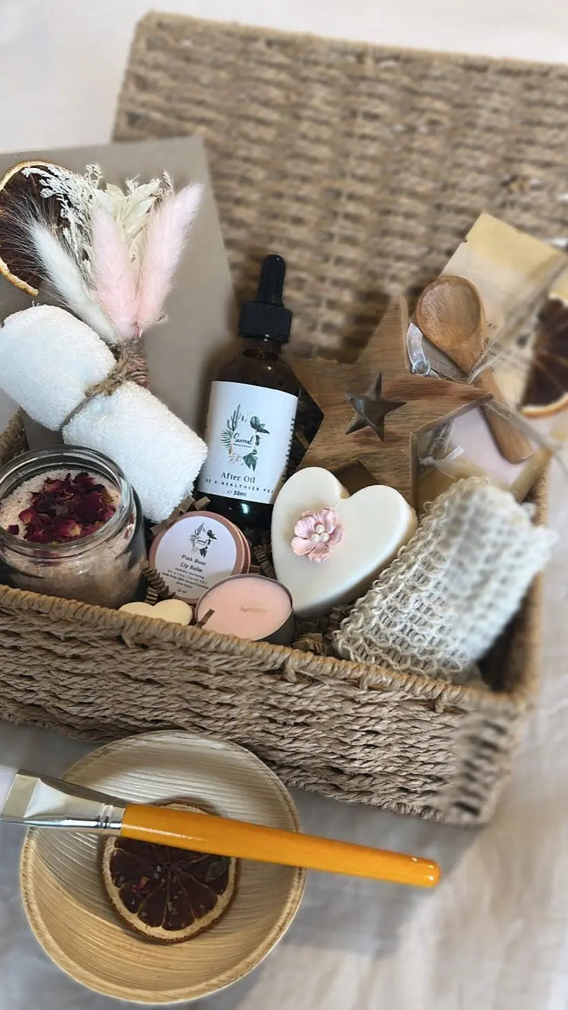 Hamper basket with natural skincare gifts face mask, soap, bath salts and oil all handmade vegan friendly