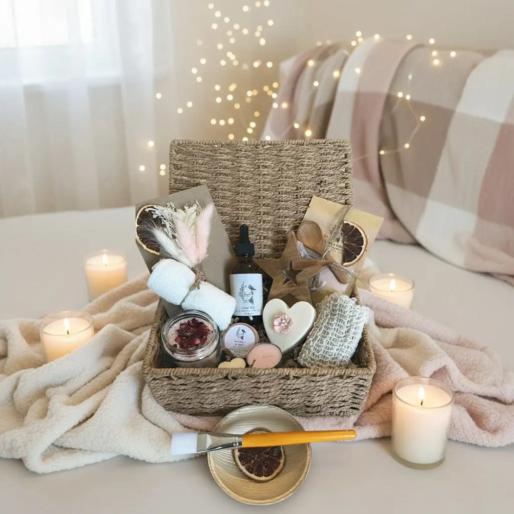 Gift basket with candles and decorative items on a cozy sofa with fairy lights.