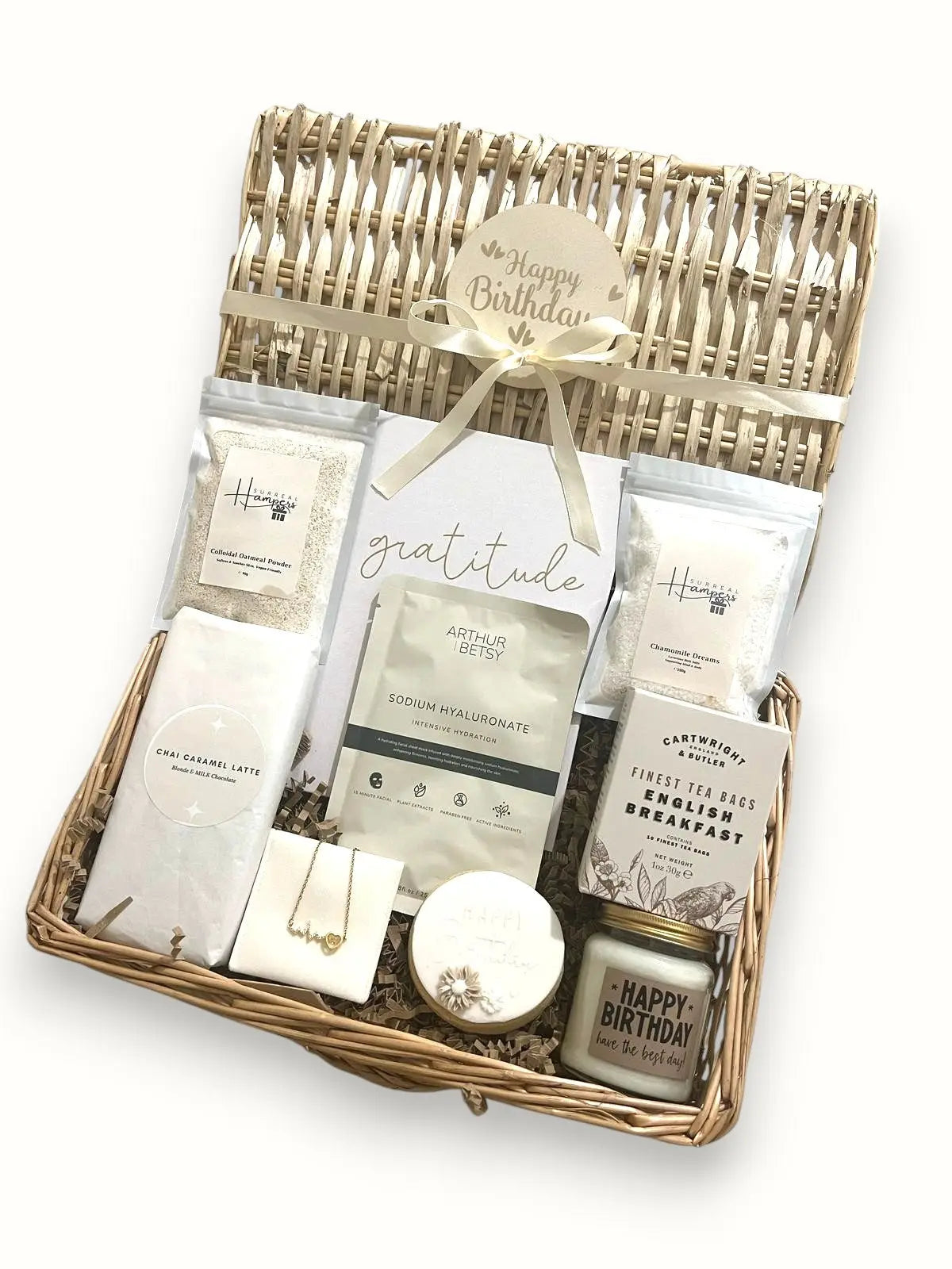 Happy Birthday - Ready Made Hamper Basket with candles, biscuits, bath salts, face mask. Wicker gift basket, Hampers for Christmas, Happy birthday hamper