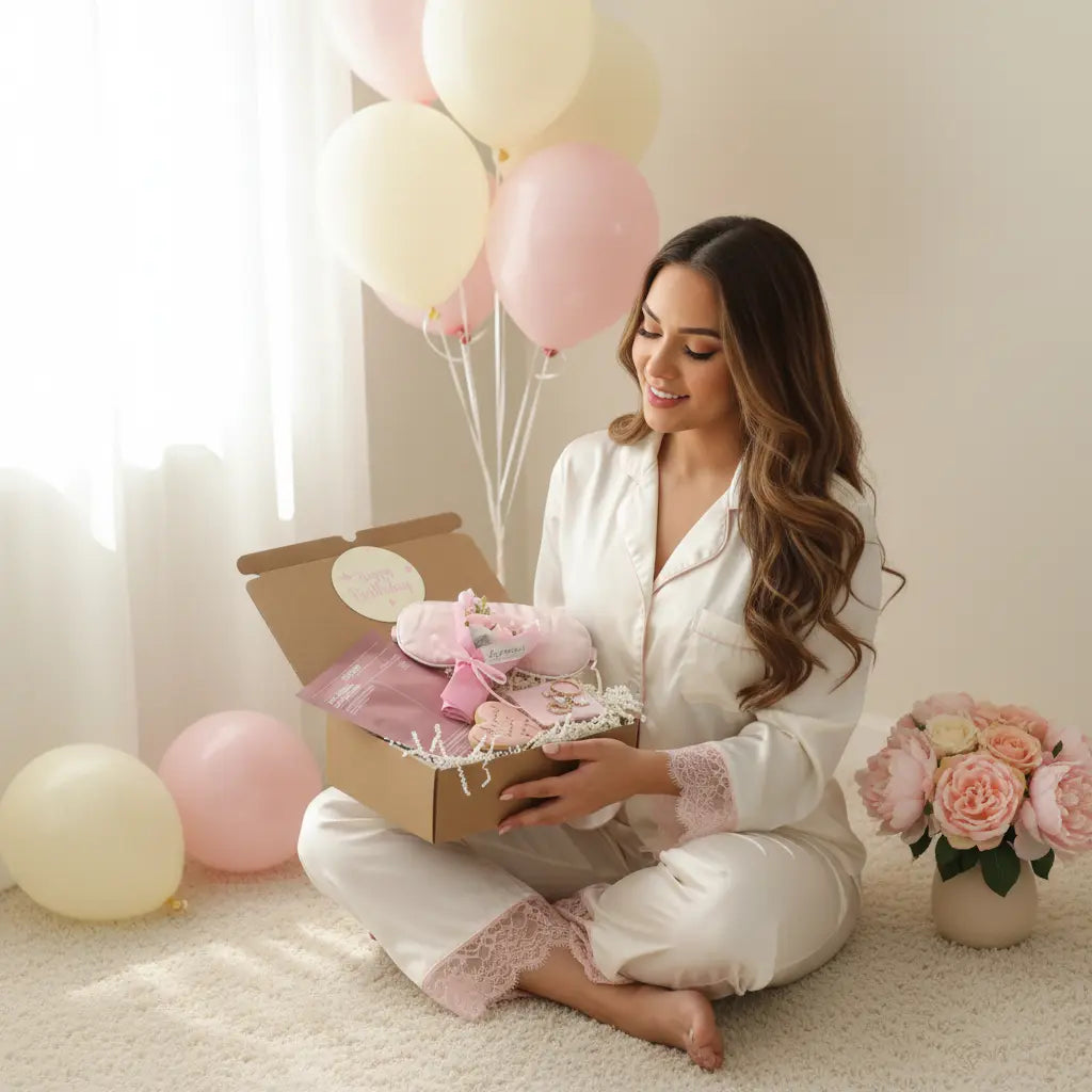 Happy Birthday letter box gift with luxury skincare, bath products, and pampering treats