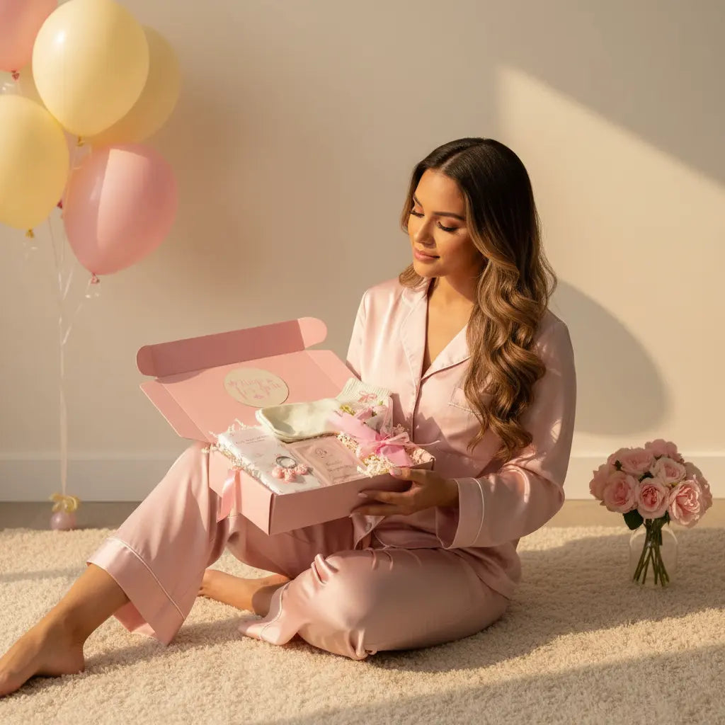 Woman in pink pajamas sitting on the floor with a gift box, balloons, and flowers. Her hug in a box gift has cosy socks, chocolates, mini dried flowers, key ring and under eye de puffing mask