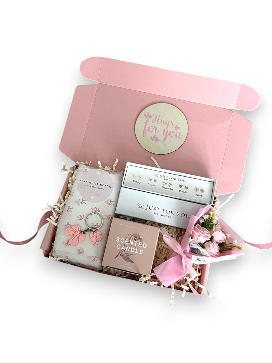 Hug for you gift box with flowers, chocolates candle and earrings Hug in a box, Hamper gift box 