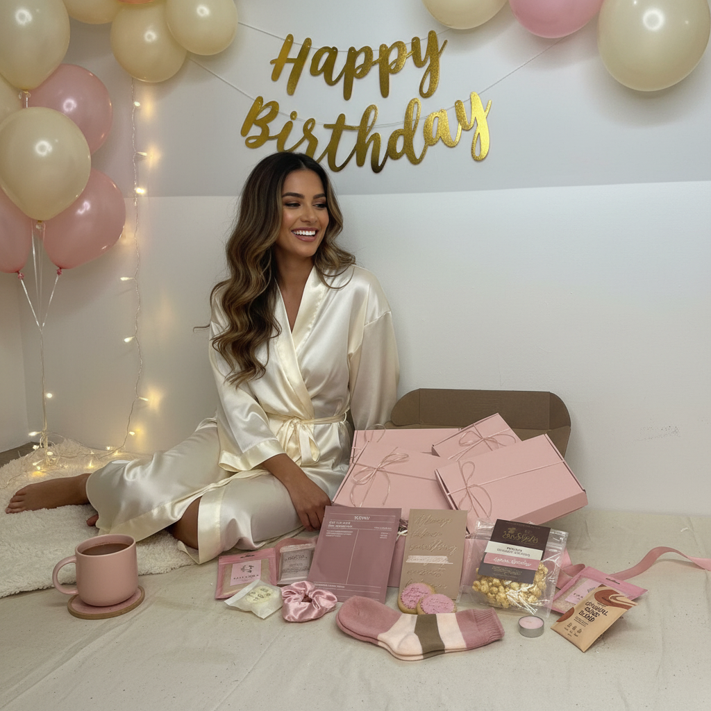 Gift hamper with 4 mini skincare and treat boxes, ideal festive or birthday gift Surreal Hampers UK