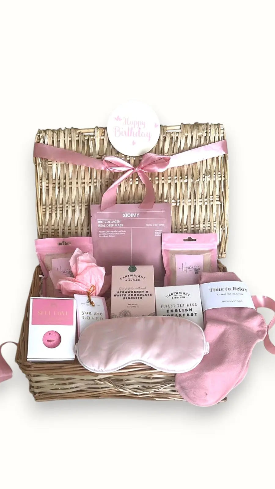 hamper with socks, bath salts, bath bomb, eye mask, face mask English tea breakfast, big Hamper Basket, Christmas pamper hamper, gift thoughtful