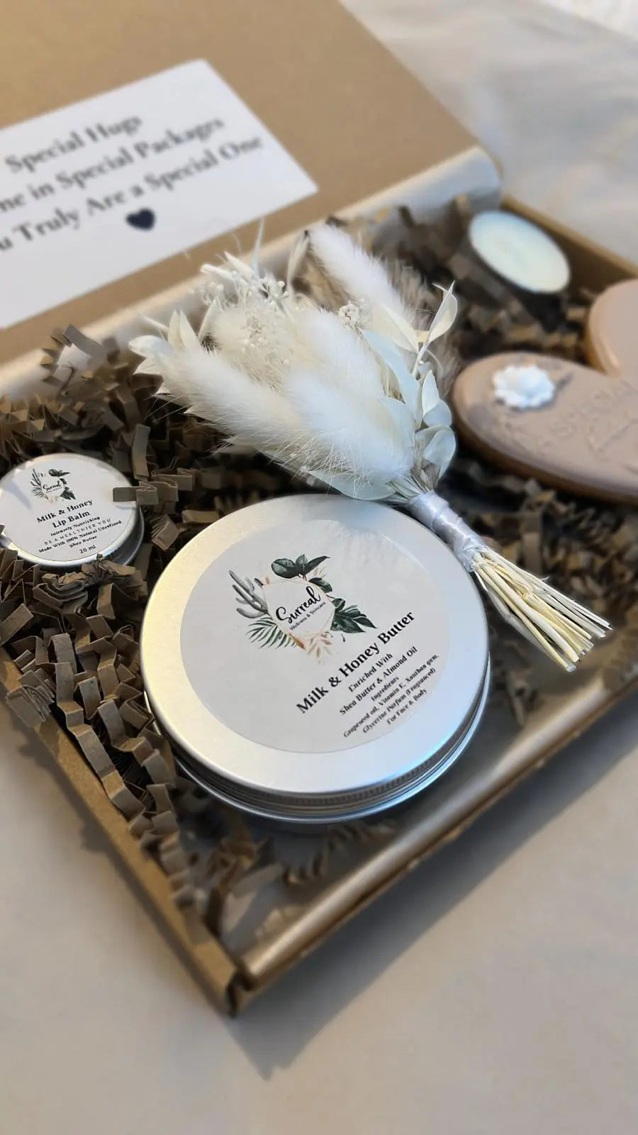 Get well soon hug in a box letterbox gift with cookie and cream biscuit, dried flower, and free next day delivery