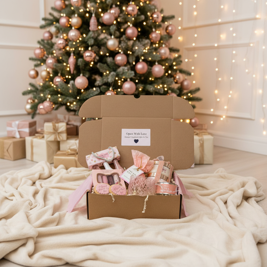 Luxury pamper hamper with candle, mug, lip balms, body scrubs and creams – perfect for Christmas or birthday gifting
