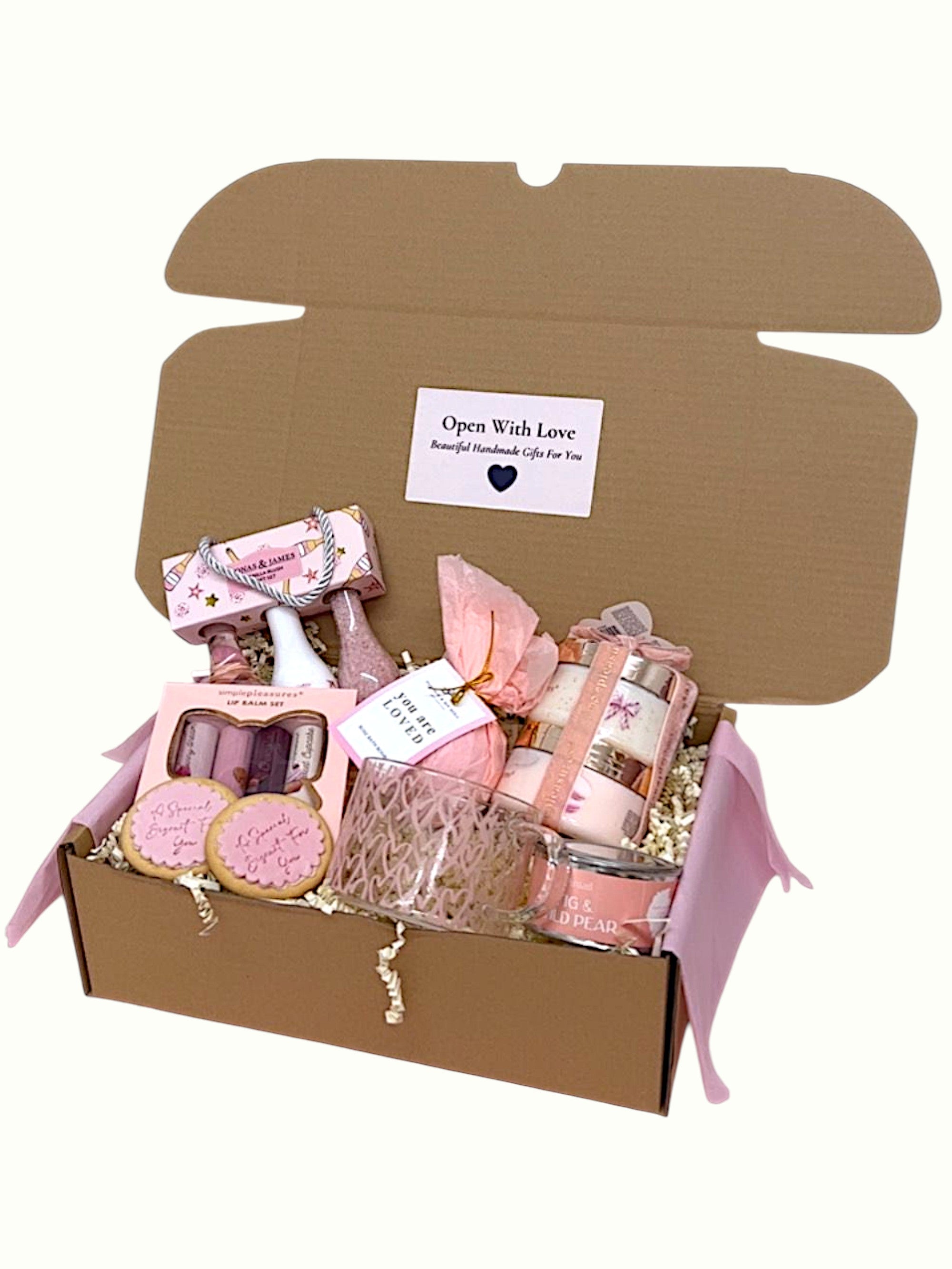 Large hamper box with candle, mug, lip balms, sugar scrubs and creams – birthday and Christmas pamper gift set