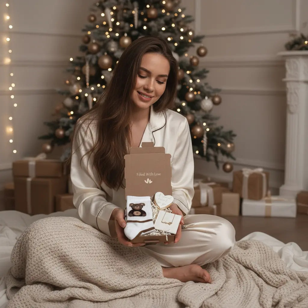 Woman holding a gift box in front of a decorated Christmas tree. Hug in a box small Christmas gifts for her