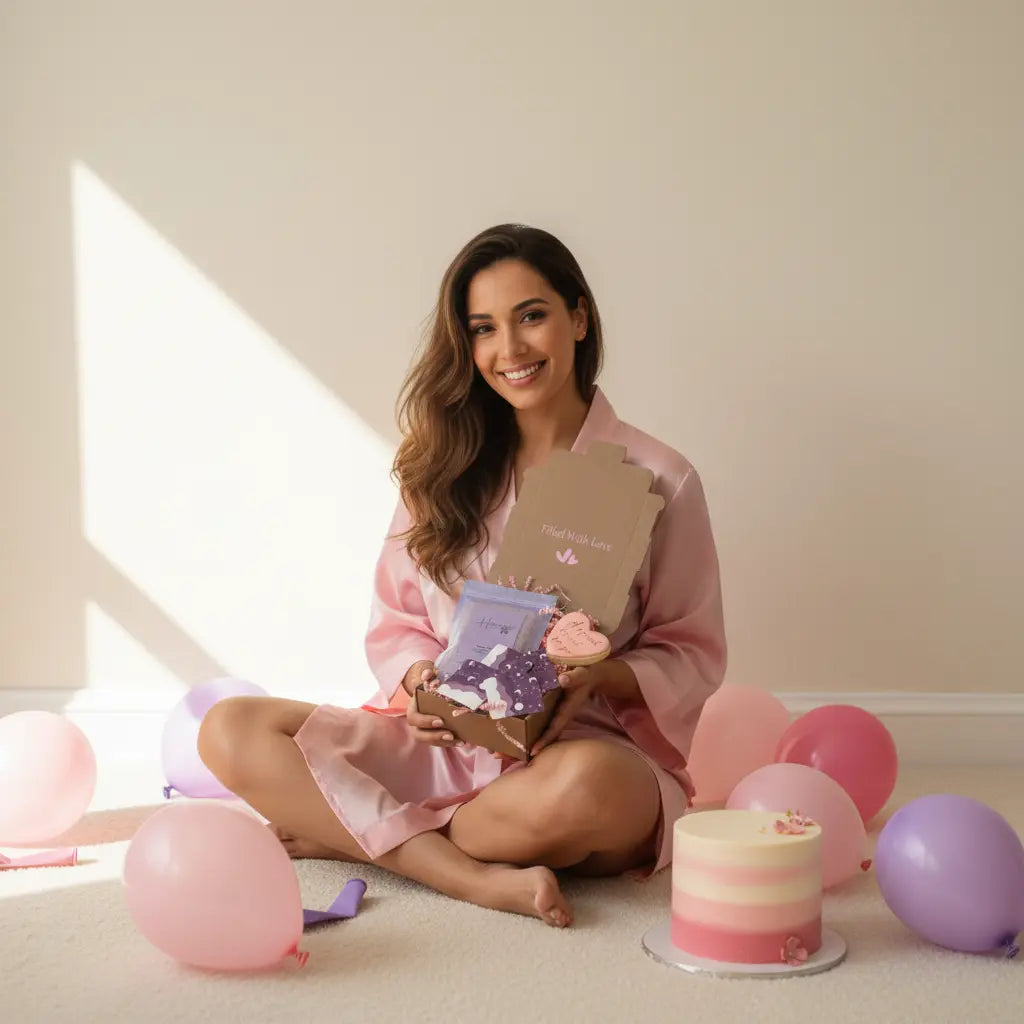 Woman in a pink robe holding a mini gift box lavender bath salts, cookie and night patches with balloons and a cake in the background