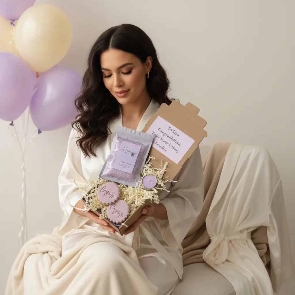 Woman in a white robe holding a gift box biscuits, bath salts and tealight candle with balloons in the background